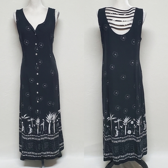 Vintage Dresses & Skirts - Vintage 90s R&K Black White Abstract Print Strappy Back Button Up Maxi Dress 14